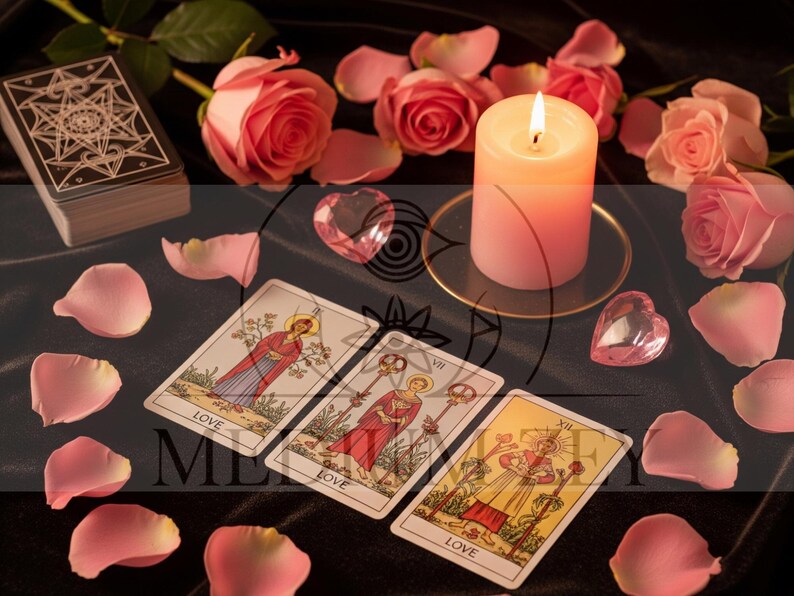 May include: A still life arrangement featuring tarot cards, pink roses, and a lit candle. Three tarot cards with the word "LOVE" are displayed. Pink rose petals and heart-shaped crystals surround the scene, creating a romantic and mystical ambiance.