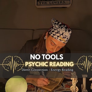 May include: A person writing in a book with the text "NO TOOLS PSYCHIC READING" in front of them. The person is wearing a patterned headscarf. Tarot cards and decorative statues are on the table.