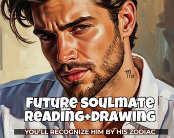 May include: An artistic portrait of a man with dark hair and a beard, wearing a white shirt. The image includes the text "FUTURE SOULMATE READING+DRAWING" and "YOU'LL RECOGNIZE HIM BY HIS ZODIAC". A small tattoo of the Scorpio symbol is visible on his neck.
