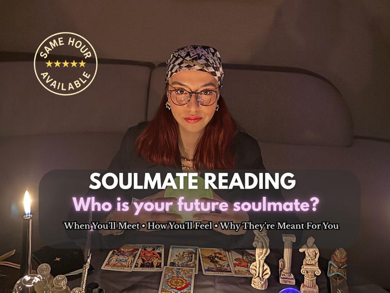 May include: An image promoting a soulmate reading service. The text reads "SOULMATE READING" and "Who is your future soulmate?" with additional details. A woman with glasses and a headscarf is centered, with tarot cards and decorative items in the foreground.