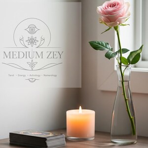 May include: A still life featuring a lit candle, a deck of cards, and a pink rose in a glass vase. The wall displays the text "MEDIUM ZEY" with the words "Tarot, Energy, Astrology, Numerology" below.