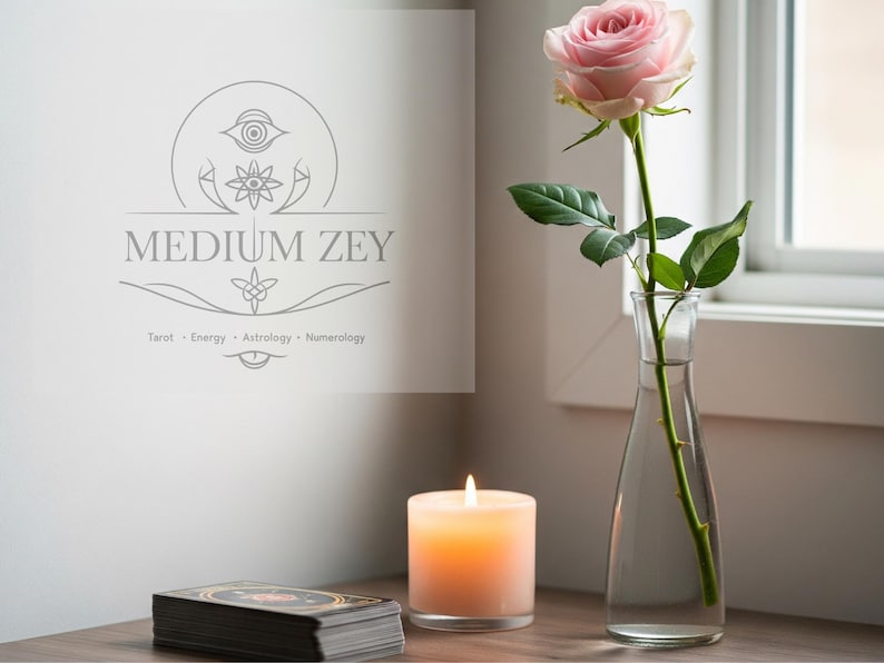 May include: A still life featuring a lit candle, a deck of cards, and a pink rose in a glass vase. The wall displays the text "MEDIUM ZEY" with the words "Tarot, Energy, Astrology, Numerology" below.