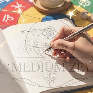May include: An open book with the text "YOUR LOVE READING" and "MEDIUM ZEY". A silver pen is held over the page. A colorful zodiac wheel and other objects are in the background. The image has a mystical theme.