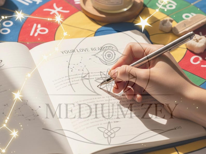 May include: An open book with the text "YOUR LOVE READING" and "MEDIUM ZEY". A silver pen is held over the page. A colorful zodiac wheel and other objects are in the background. The image has a mystical theme.