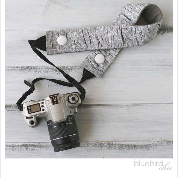 ruched camera strap cover - lacey gray/custom color button