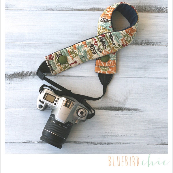 Ruched camera strap cover - autumn flowers