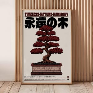 May include: A framed art print displaying a bonsai tree with red leaves and a textured trunk. The print includes the text "TIMELESS-NATURE-HARMONY" and Japanese characters. The bottom of the print has additional text in English.