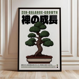 Zen Bonsai Tree Poster – Retro Japanese Wall Art, Pixel Nature Print, Minimal Zen Decor, Calm Tree Artwork, Balance Growth Design
