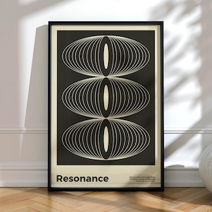 Puede incluir: Impresión artística enmarcada con fondo negro y tres diseños ovalados apilados en crema. La palabra "Resonance" está impresa en la parte inferior, con texto adicional. La obra de arte está en un marco negro.
