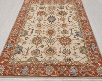 Elfenbens- och roströd handknuten traditionell blommig, marinblå, salviagrön turkisk matta i Heriz-stil