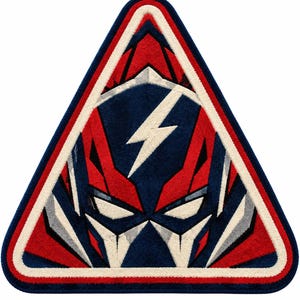 May include: A triangular rug featuring a stylized superhero mask graphic in red, navy blue, white, and grey. The design includes a central white lightning bolt emblem set against a dark blue background, framed by layered geometric shapes and borders.