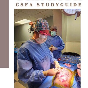 May include: Image of a medical procedure with two people in blue scrubs and masks. The text "THE ULTIMATE CSFA STUDYGUIDE" is at the top. The person in the foreground is wearing a surgical cap and pink glasses. The text "Heather" is on the scrub top.