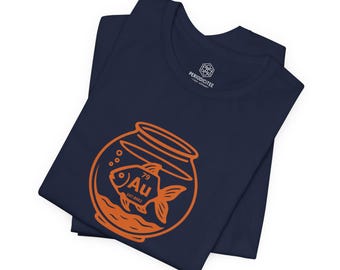 Camiseta com estampa de elementos químicos e peixinhos dourados: Camiseta unissex com estampa de química
