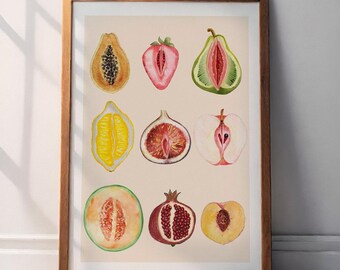 Feminine Sliced Fruit Art, Empowering Feminine Artwork, Empowerment Wall Decor, Body Positivity Print Modern Vulva Art Poster, Vintage Gift