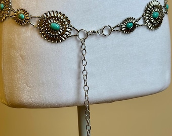 Desert Moon Silver and Turquoise Concho Chain Belt – Adjustable Sizing