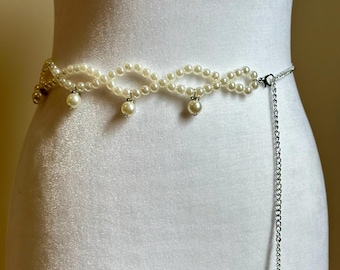 Isla Pearl Braided Chain Belt | Silver Waist Chain Belt, Faux Pearl Belt, Adjustable Dress Belt, Boho Pearl Waist Jewelry