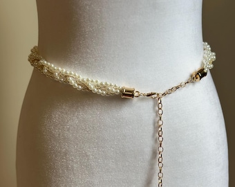 Aurelia Pearl Braided Chain Belt | Gold Waist Chain Belt, Faux Pearl Belt, Adjustable Dress Belt, Boho Pearl Waist Jewelry