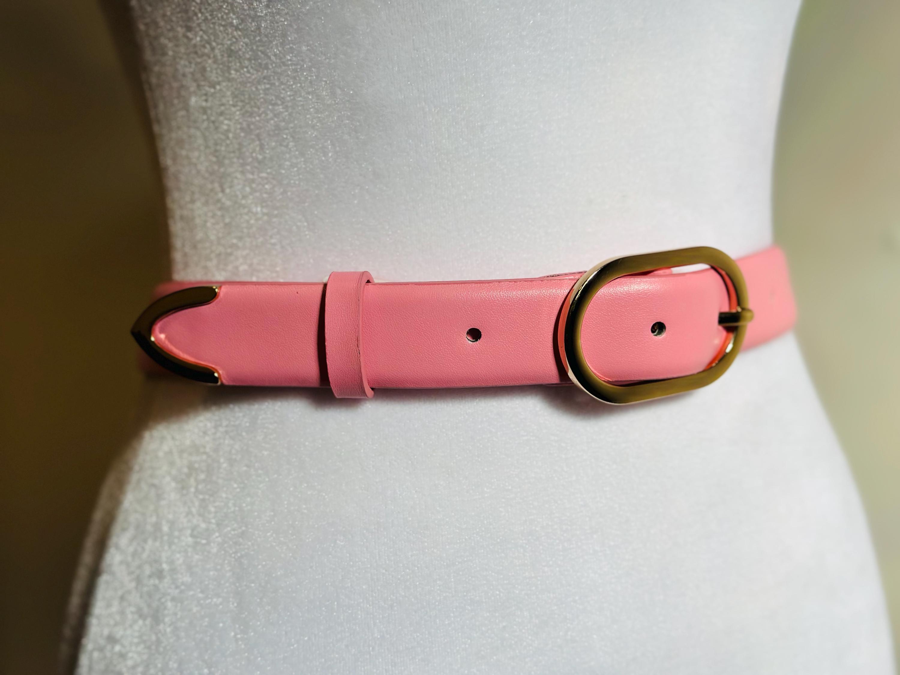 New! Vegan Leather Pink Belt with Gold Rose Buckle (9364) Skinny Karung Belt with Long Gold Buckle - w.kleinberg main image 2