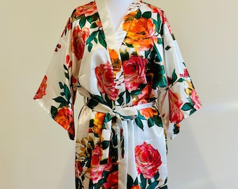 White Rosalia Satin Floral Kimono Robe – Standard and Plus Sizing