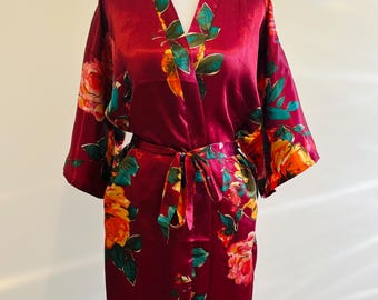 Burgundy Rosalia Satin Floral Kimono Robe – Standard and Plus Sizing