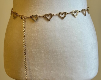 Starlight Heart Gold Toned Rhinestone Chain Belt – Adjustable Sizing