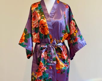 Dusty Lavender Rosalia Satin Floral Kimono Robe – Standard and Plus Sizing