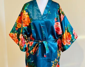 Deep Turquoise Rosalia Satin Floral Kimono Robe – Standard and Plus Sizing