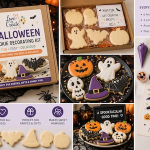 以下が含まれることがあります： ハロウィーンクッキーデコレーションキット。段ボール箱入りで、プレーンクッキー6枚、紫、緑、オレンジ、黒のアイシングバッグ4本、スプリンクル、説明カードが含まれています。カボチャ、お化け、コウモリ、帽子の形をしたクッキーが入っています。