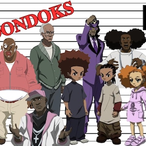 May include: Illustration of the animated series "The Boondocks" featuring several characters. The characters are depicted in various outfits and poses against a backdrop of a height chart. The show's title is displayed in red letters at the top.