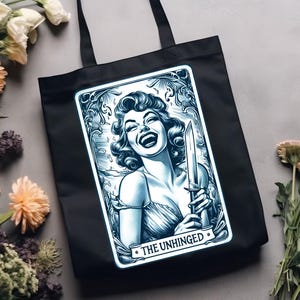 The Unhinged Canvas Tote Bag, Grocery Bag, Reusable Tote, Funny Tote Bag, Mental Health Tarot Card