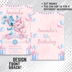K&ouml;nnte beinhalten: Eine rosa Geburtstagseinladung mit Stitch- und Angel-Charakteren, Luftballons und Geschenkboxen. Die Einladung lautet "Amandas 8. Geburtstag" und enth&auml;lt Veranstaltungsdetails. Das Design ist Vorder- und R&uuml;ckseite und misst 12,7 x 17,8 cm.
