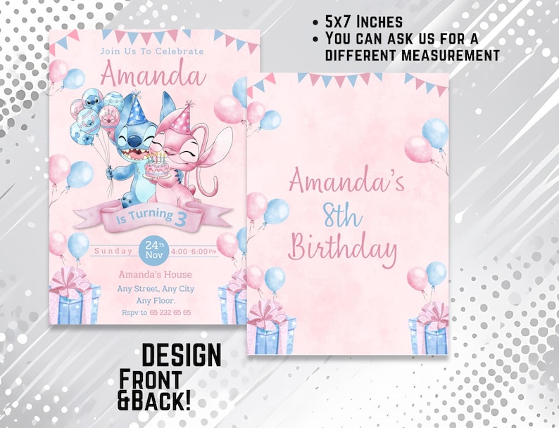 K&ouml;nnte beinhalten: Eine rosa Geburtstagseinladung mit Stitch- und Angel-Charakteren, Luftballons und Geschenkboxen. Die Einladung lautet "Amandas 8. Geburtstag" und enth&auml;lt Veranstaltungsdetails. Das Design ist Vorder- und R&uuml;ckseite und misst 12,7 x 17,8 cm.