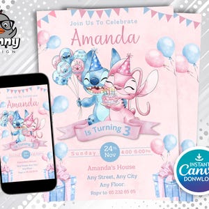 Könnte beinhalten: Rosa Geburtstagseinladung mit den Charakteren Stitch und Angel. Die Einladung enthält den Text "Join Us To Celebrate Amanda", "Is Turning 3" und Veranstaltungsdetails. Ein Smartphone zeigt das gleiche Design.