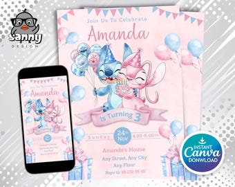 Invitación de cumpleaños de Stitch / Plantilla editable de Canva (descarga digital)