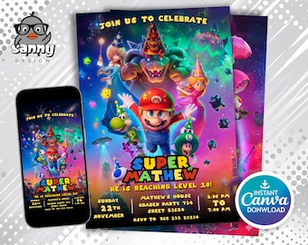 Super Mario Galaxy-Geburtstagseinladung, Weltraum-Party, bearbeitbare Canva-Vorlage (13 x 18 cm)
