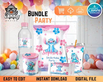 Stitch Birthday Party Bundle, bearbeitbare Canva-Vorlage (digitaler Download)