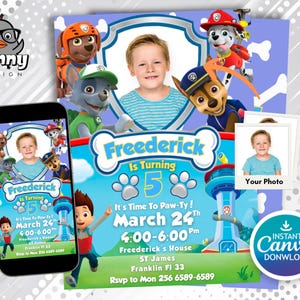 Modelo de convite de aniversário Paw-ty Layout de convite para a equipe de filhotes da Patrulha Canina para download instantâneo, convite para festa infantil para impressão