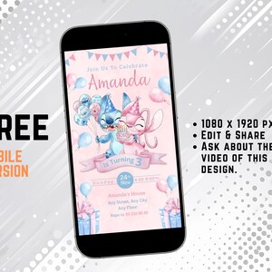 K&ouml;nnte beinhalten: Ein Smartphone zeigt eine Geburtstagseinladung mit rosa und blauem Thema. Die Einladung zeigt Zeichentrickfiguren, Luftballons und den Text "Amanda wird 3". Das Telefon befindet sich vor einem grau-wei&szlig;en Hintergrund mit den Worten "KOSTENLOSE MOBILE VERSION".