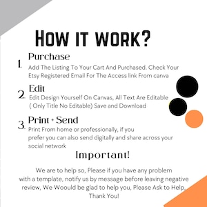 K&ouml;nnte beinhalten: Eine Grafik mit dem Text "HOW IT WORK?" und Anweisungen zum Kauf, Bearbeiten und Drucken einer Vorlage. Der Text ist schwarz, mit orangefarbenen und schwarzen Kreisen. Der Hintergrund ist wei&szlig; mit grauen und orangefarbenen Akzenten.