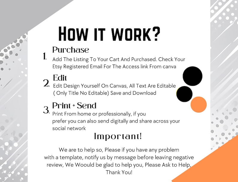 K&ouml;nnte beinhalten: Eine Grafik mit dem Text "HOW IT WORK?" und Anweisungen zum Kauf, Bearbeiten und Drucken einer Vorlage. Der Text ist schwarz, mit orangefarbenen und schwarzen Kreisen. Der Hintergrund ist wei&szlig; mit grauen und orangefarbenen Akzenten.