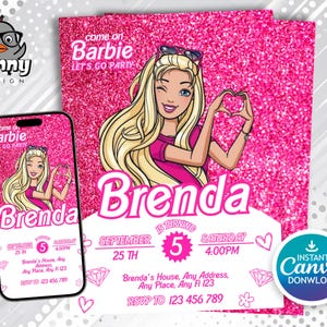 Verjaardagsuitnodiging roze modepop verjaardagsuitnodiging verjaardagsfeestje meisjes schattige pop thema uitnodigen voor feest Instant Download roze Evite bewerkbare