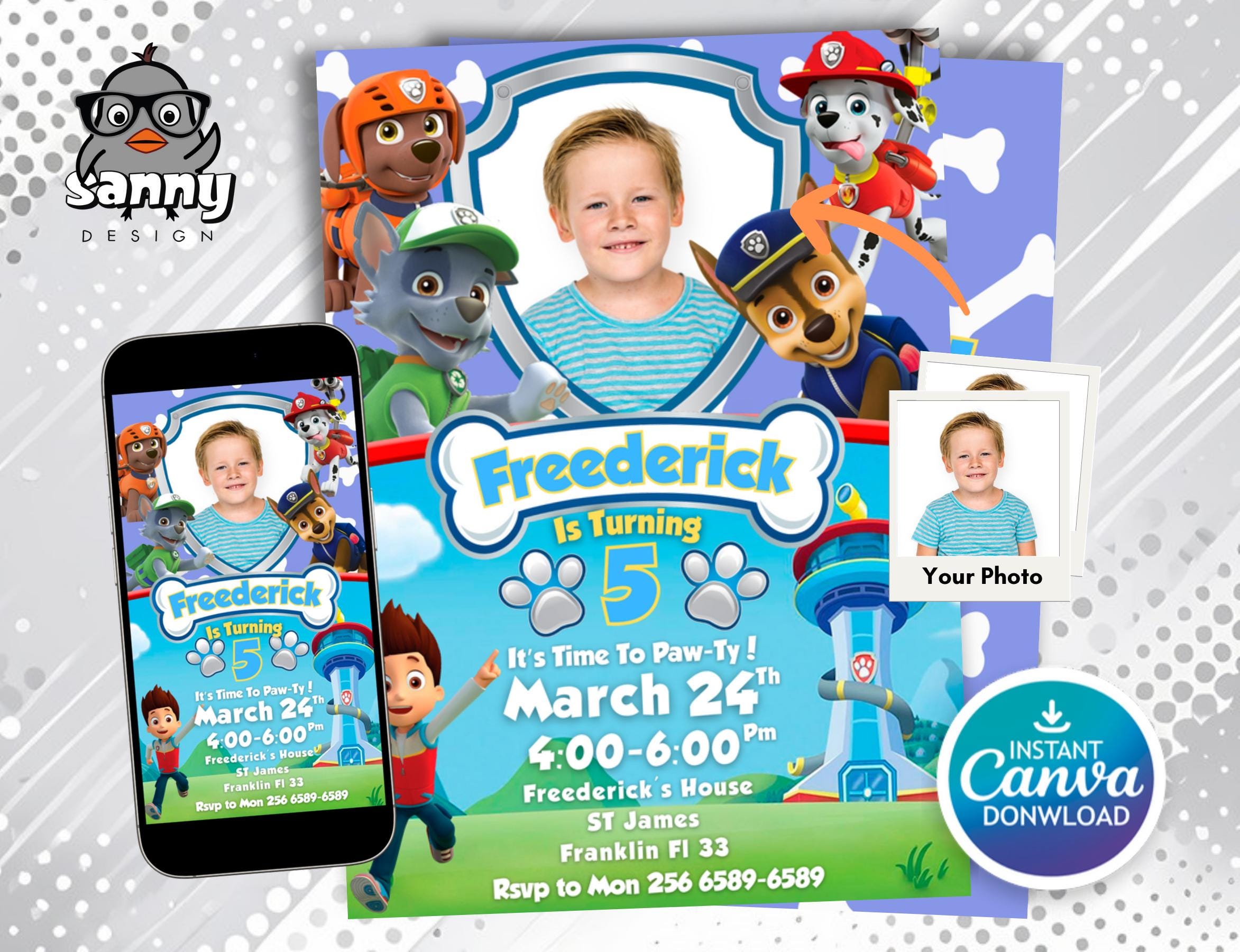 Paw-ty Birthday Invitation Template Puppy Patrol Pup Crew invite layout Canva instant Download, Kids Printable Party Invitation