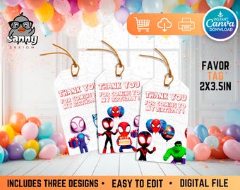 Superhero Thank You Tags: Avengers, Spidey Party Favors (Digital File)