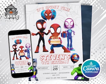 Spidey and Friends Geburtstagseinladung, bearbeitbare Canva-Vorlage (digital)