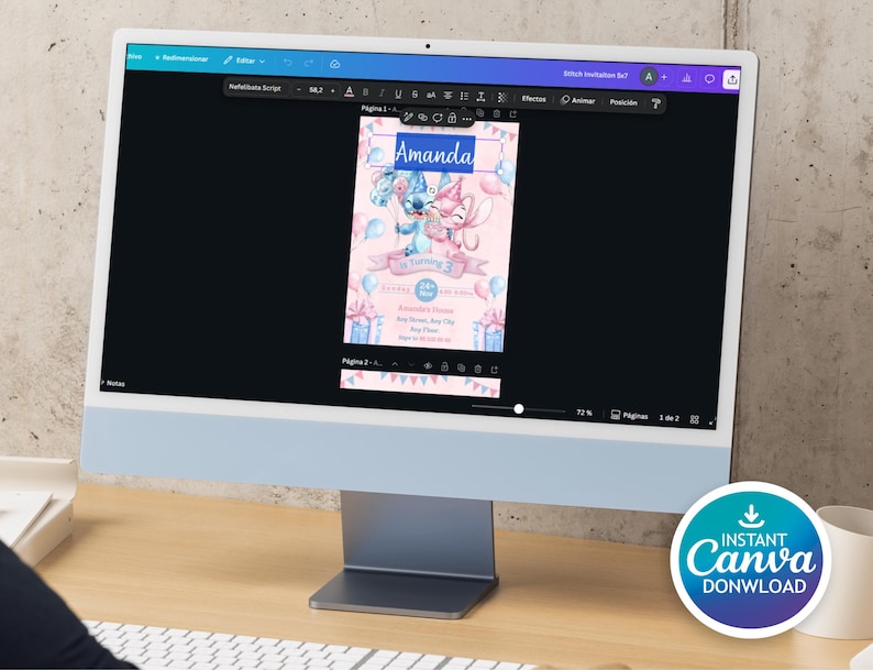 K&ouml;nnte beinhalten: Ein Computermonitor zeigt einen Geburtstagseinladungsentwurf mit dem Namen "Amanda" in blauer Schrift. Die Einladung zeigt Zeichentrickfiguren, Luftballons und Geschenkboxen auf rosa Hintergrund. Ein "Instant Canva Download"-Abzeichen befindet sich unten rechts.