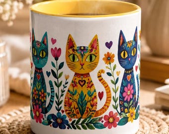 Folk Art Cat Ceramic Mug, Whimsical Floral Boho Coffee Cup