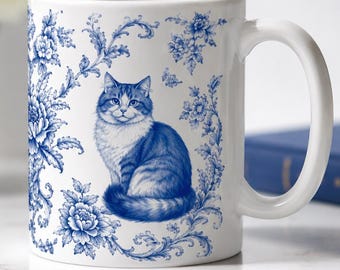 Blue White Chinoiserie Cat Mug, Vintage Floral Tea Cup, Cottagecore Lover