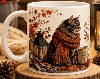 Cozy Tabby Cat Autumn Mug, Knitted Scarf Fall Landscape Coffee Cup (11oz or 20oz)