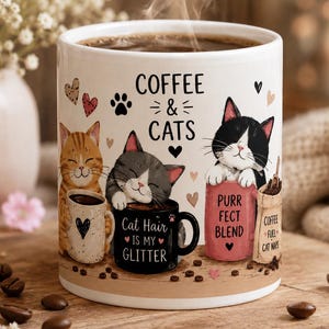 May include: A white ceramic coffee mug with the words "COFFEE & CATS" and cat illustrations. The mug features a steaming dark liquid, with the text "Cat Hair is My Glitter" and "Purr Fect Blend". The mug is on a wooden surface.