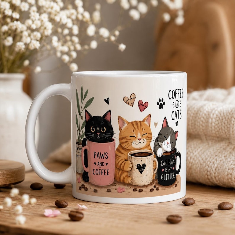 May include: White ceramic coffee mug featuring three cartoon cats with coffee cups. The mug has the text "Coffee & Cats" and "Paws and Coffee" and "Cat Hair is my Glitter". The cats are black, orange, and gray, with hearts and paw prints.